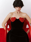 Strapless Crystal Black Velet Red Heart A-line Mini Dress