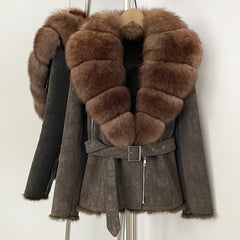 Belted suede jacket with a natural fur collar and trim, fastened with a silver zipper.