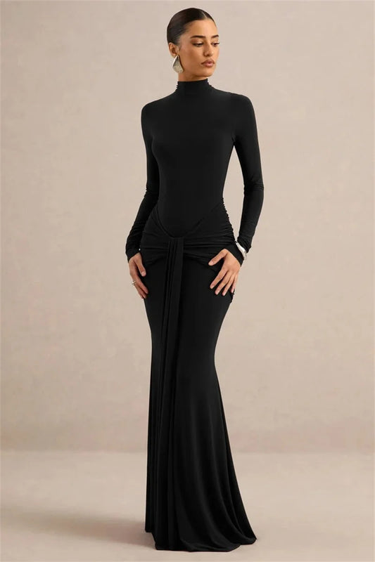 Black Turtleneck Ruched Maxi Dress