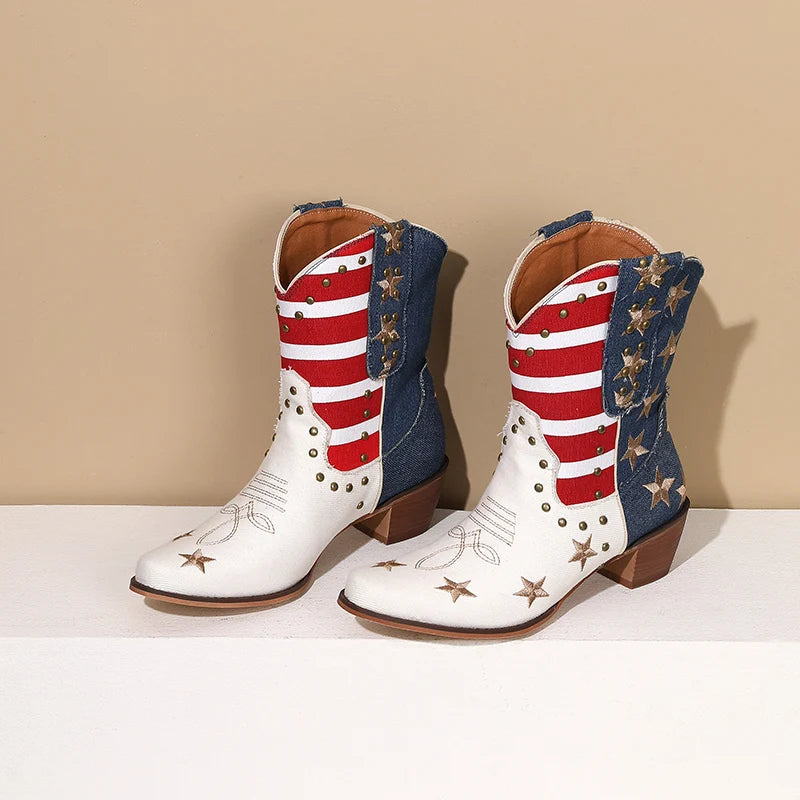 Pair of cowboy boots with American flag design on a beige background