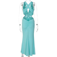 Blue Halter Neck Cutout Maxi Dress