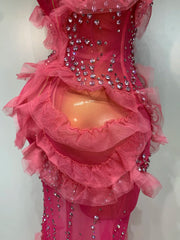 Pink Sheer Strapless Ruffled Diamonds Slit Long Dress