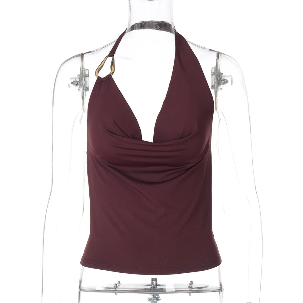 Red wine halter top on a mannequin against a white background