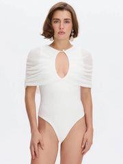 Ruched Cape Sleeve Keyhole Cut Out Bodysuit