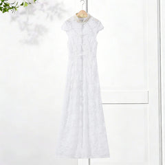White Sleeveless Mock Neck Lace Long Slit Top And Pants Set