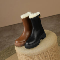 Split Leather Snow Boots 22-24.5cm Back Zip Woolen Boots