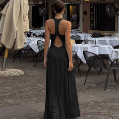 V-Neck Ruched Halter Neck Sleeveless Maxi Dress