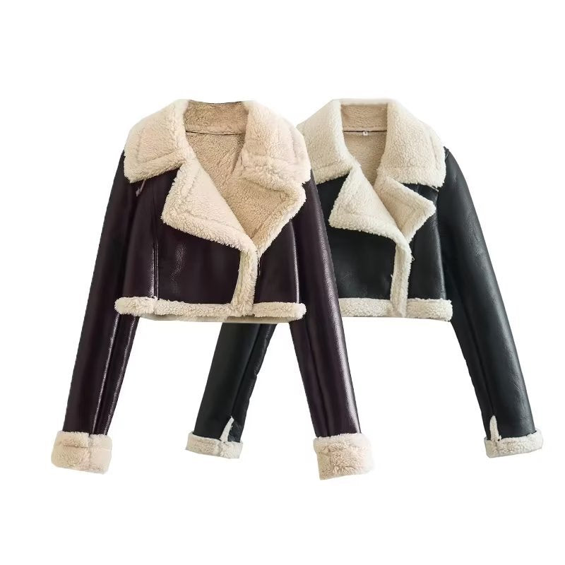 Double Sided Short Jacket Warm Thick Lapel Lambswool Coat