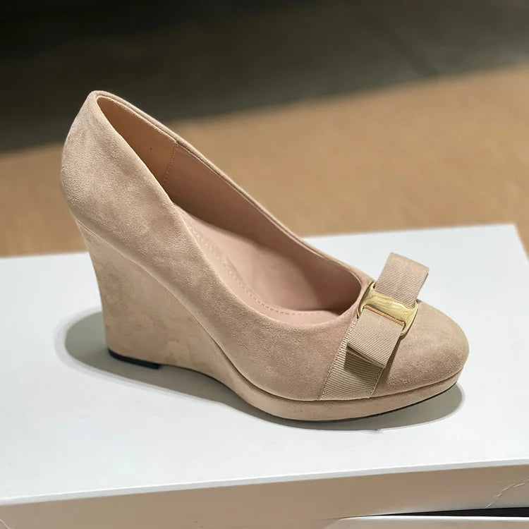 Apricot suede bow platform wedge pump