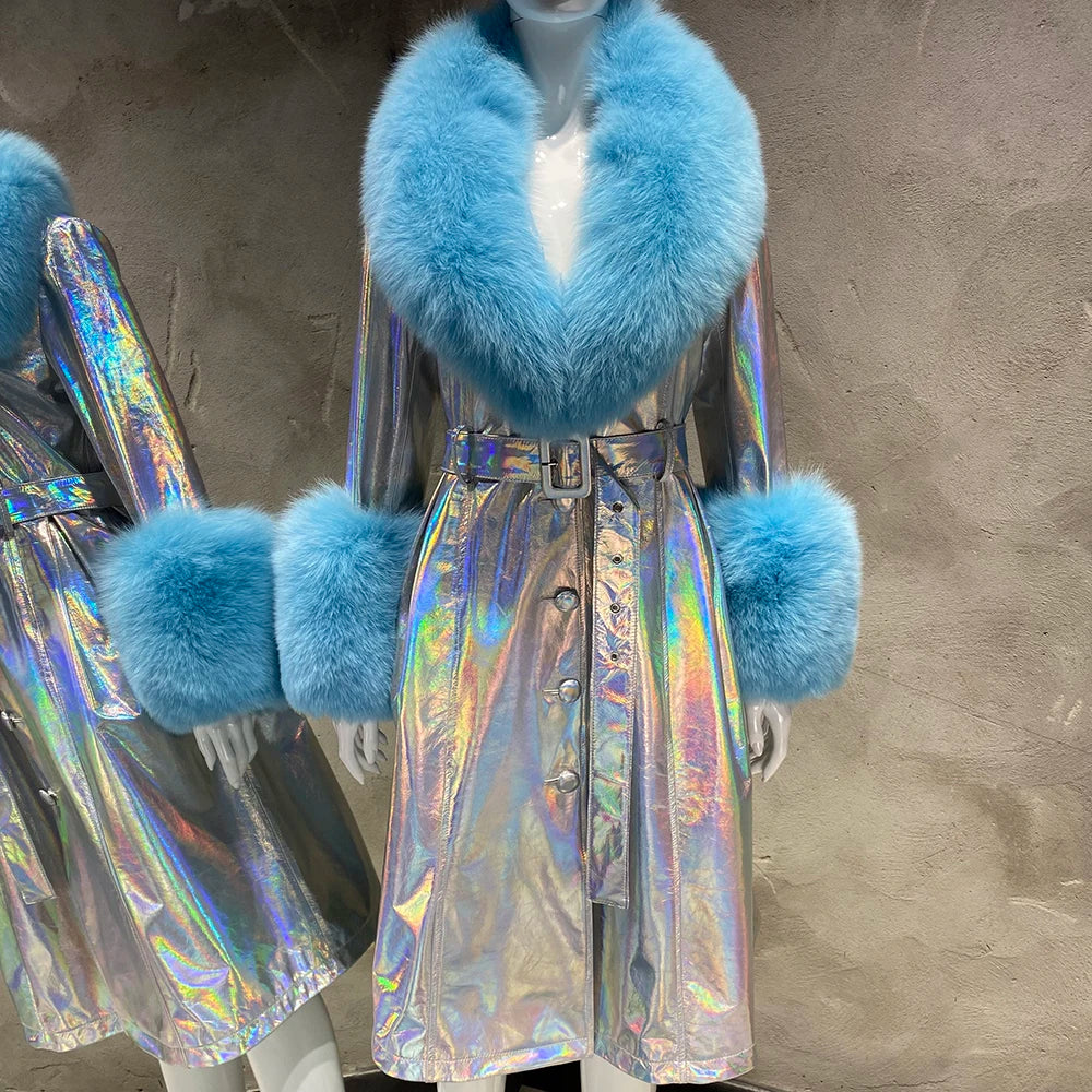 Holographic coat with blue fur trim on a mannequin against a neutral background