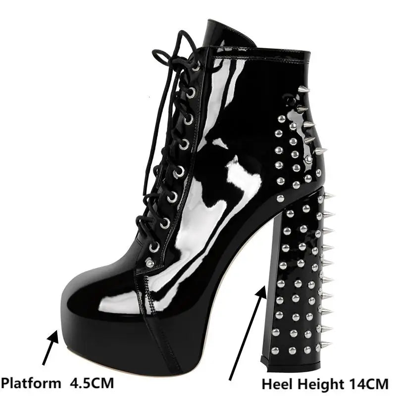 Spiked platform chunky heel boot with measurements