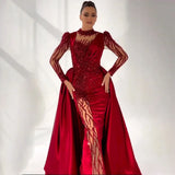 Wine Red Mermaid Lace Beaded Satin Formal Gowns