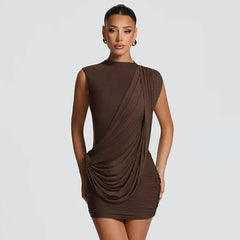 Draped Mock Neck Open Back Mini Dress