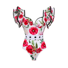 Floral print ruffle sleeve swimsuit