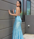 Sequin Slip Lace Up Open Back V Neck Maxi Gown