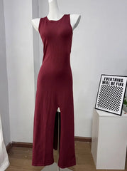 Solid Sleeveless Slit Knit Maxi Dress
