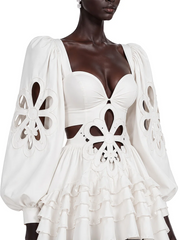 White Cut Out Floral Desgin Lantern Sleeve Frill Midi Dress