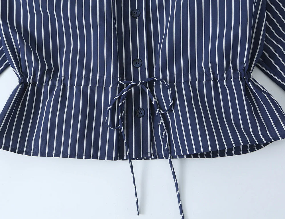 Striped stand collar button front blouse waist detail