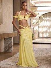 Halter Ruffle Crop Top and Cutout Maxi Skirt