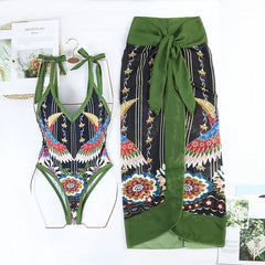 Tie-Strap V-Neck One-Piece Swimsuit with Matching Sarong Set