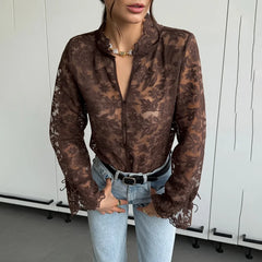 Embroidered Lace Full Sleeve Button-Up Top