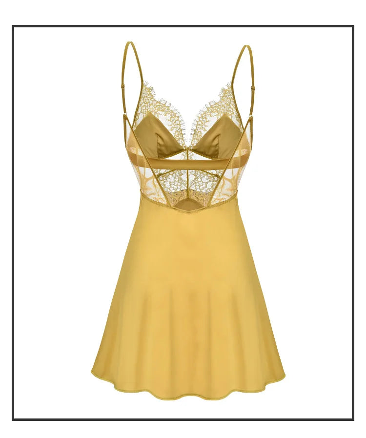 Yellow lace-trimmed dress on a white background