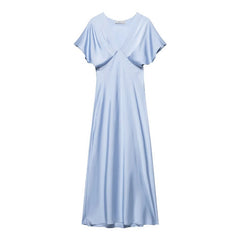 Satin V-Neck Flutter Sleeve Maxi Dress