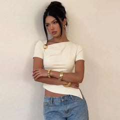 Asymmetric Neckline Button Detail Top