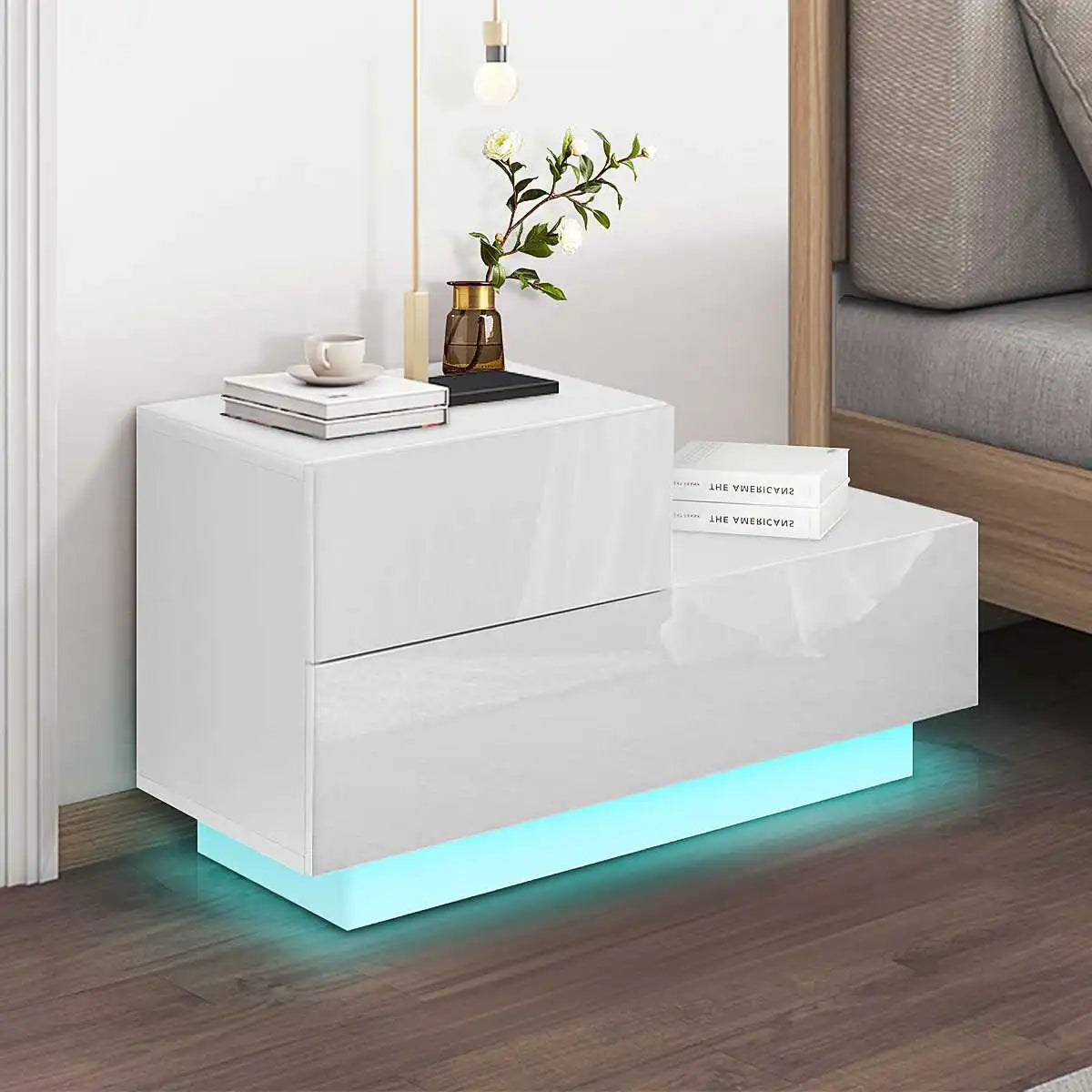 LED Cabinet 2 Drawers Coffee Table Bedside Nights Stands