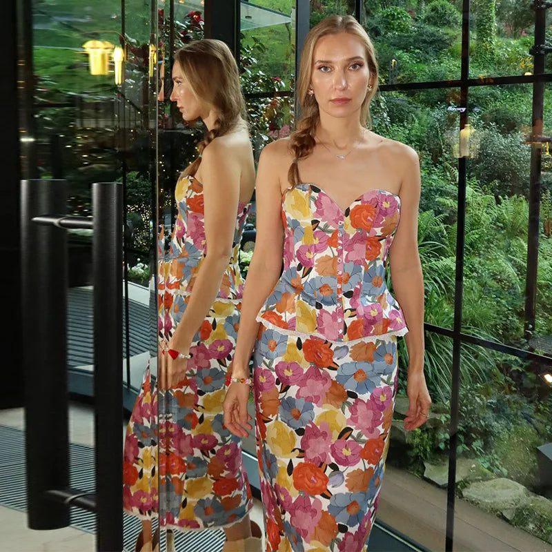 Floral print strapless peplum top and midi skirt set