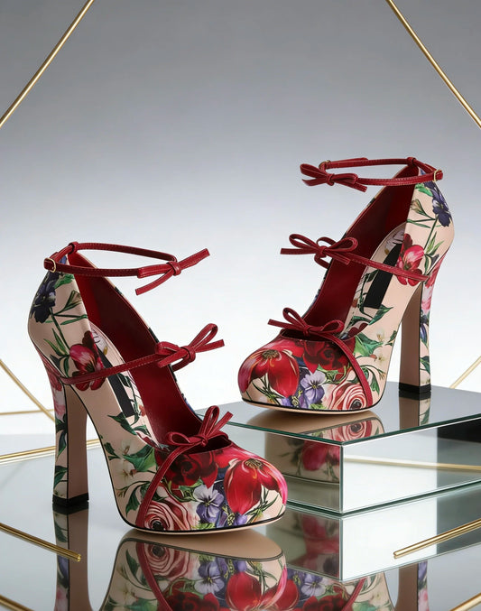 Pair of floral print chunky heel pumps on display
