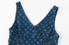 Detail of the V-neckline and geometric print on a sleeveless maxi dress