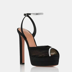 Rhinestone Pleated Mesh Open-Toe Ankle Strap Heels