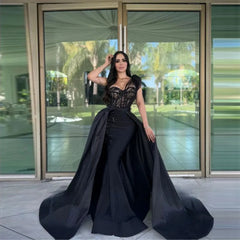 Black Detachable Train One Shoulder Lace Prom Gown