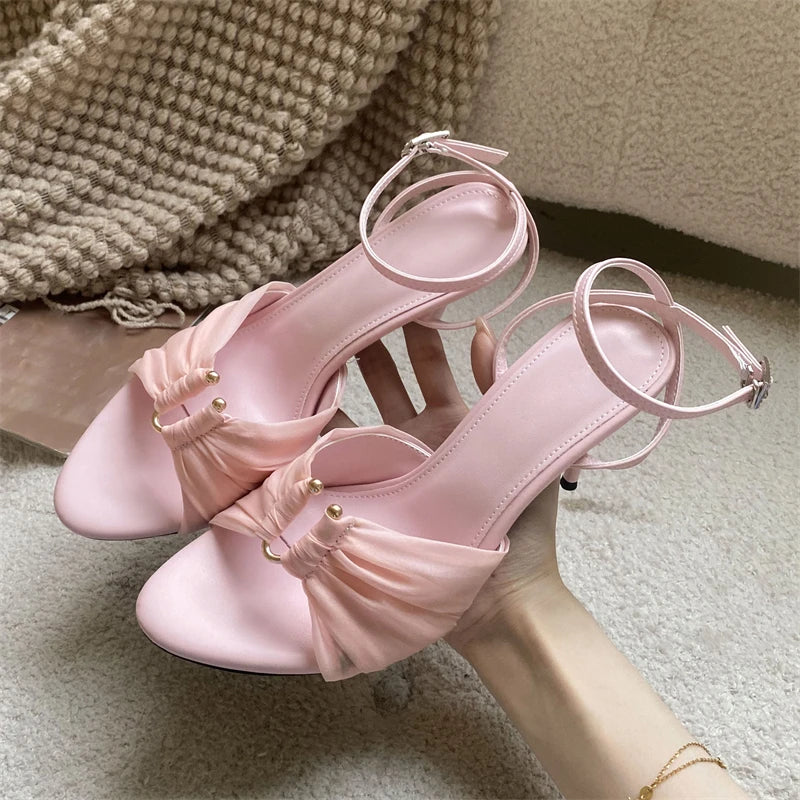 Pink stiletto heel sandal with ruched mesh and ankle strap