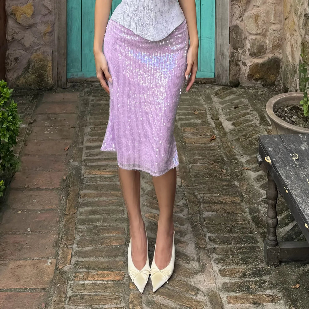Purple sequin midi skirt