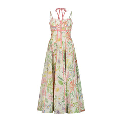 Strappy Corset Bustier Maxi Dress With Floral Motif
