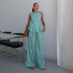 Cyan striped peplum top and wide leg pants set