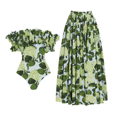 Hydrangea Print Ruffled Off the Shoulder Swimwear Set