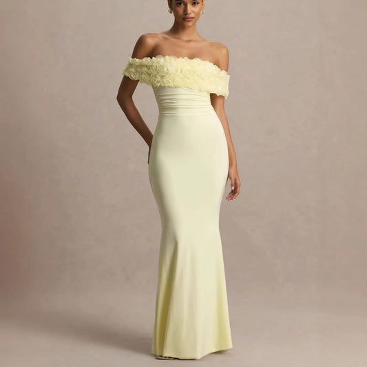 Off shoulder floral applique long dress front view
