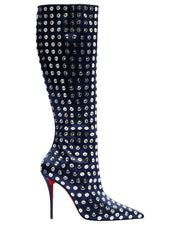 Navy blue knee-high boot with silver embellishments