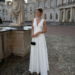 White deep V-neck ruched waist maxi dress