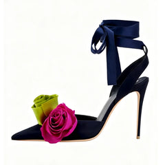 Satin Rose Ankle Strap Stiletto Sandals