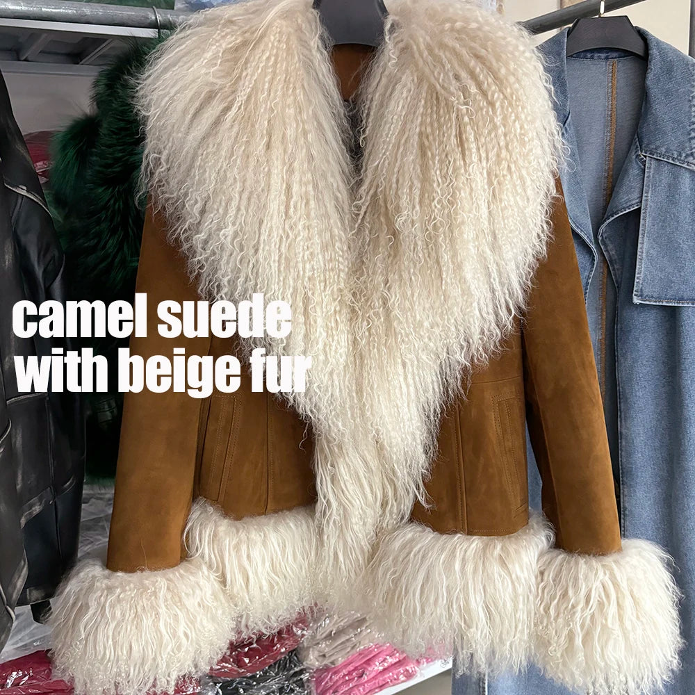 Camel suede jacket with beige fur trim on a rack.