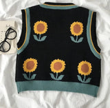 Jacquard Knitted Sleeveless V-neck Sunflowers Crop Sweater