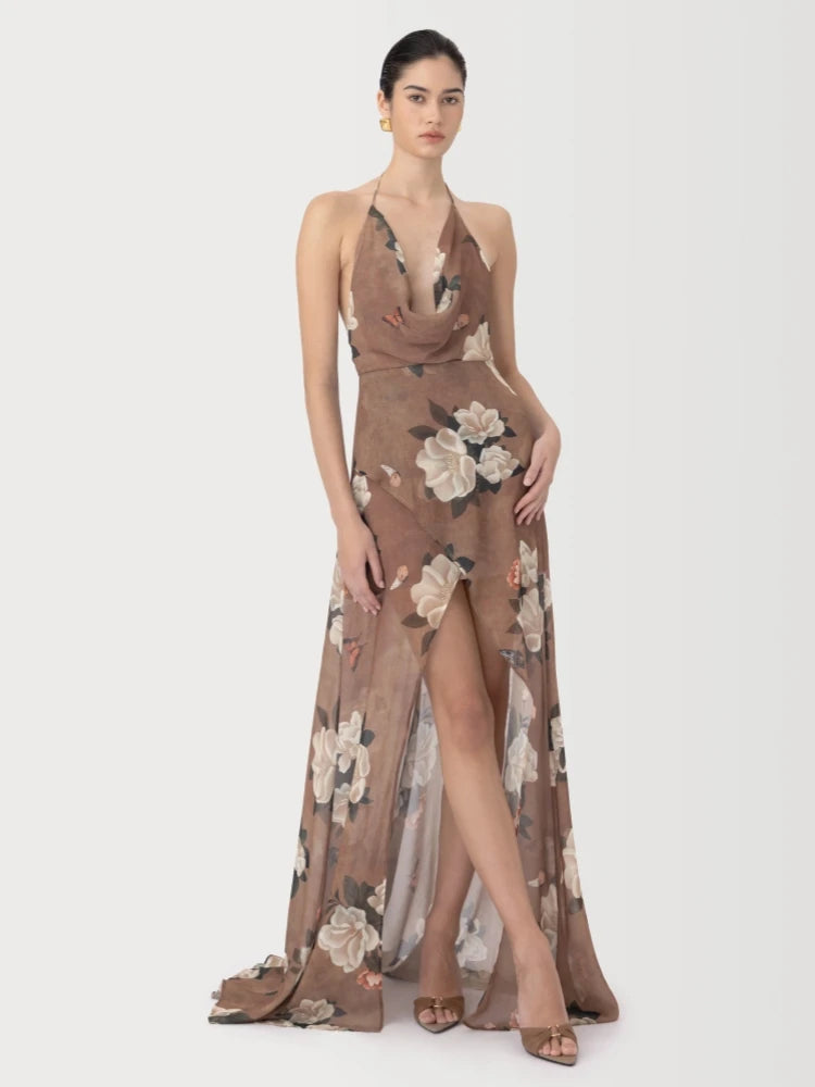 Floral print halter neck split maxi dress