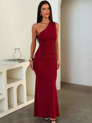 One-Shoulder Ruched Column Maxi Dress