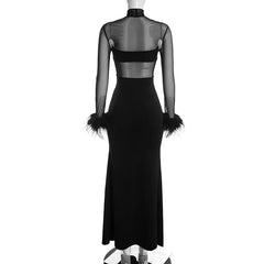 Black Feather Trim Mesh Turtleneck Maxi Dress