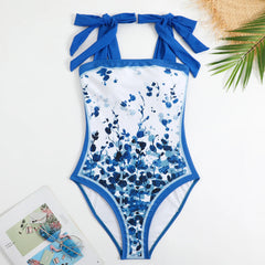 Tie-Strap V-Neck One-Piece Swimsuit with Matching Sarong Set