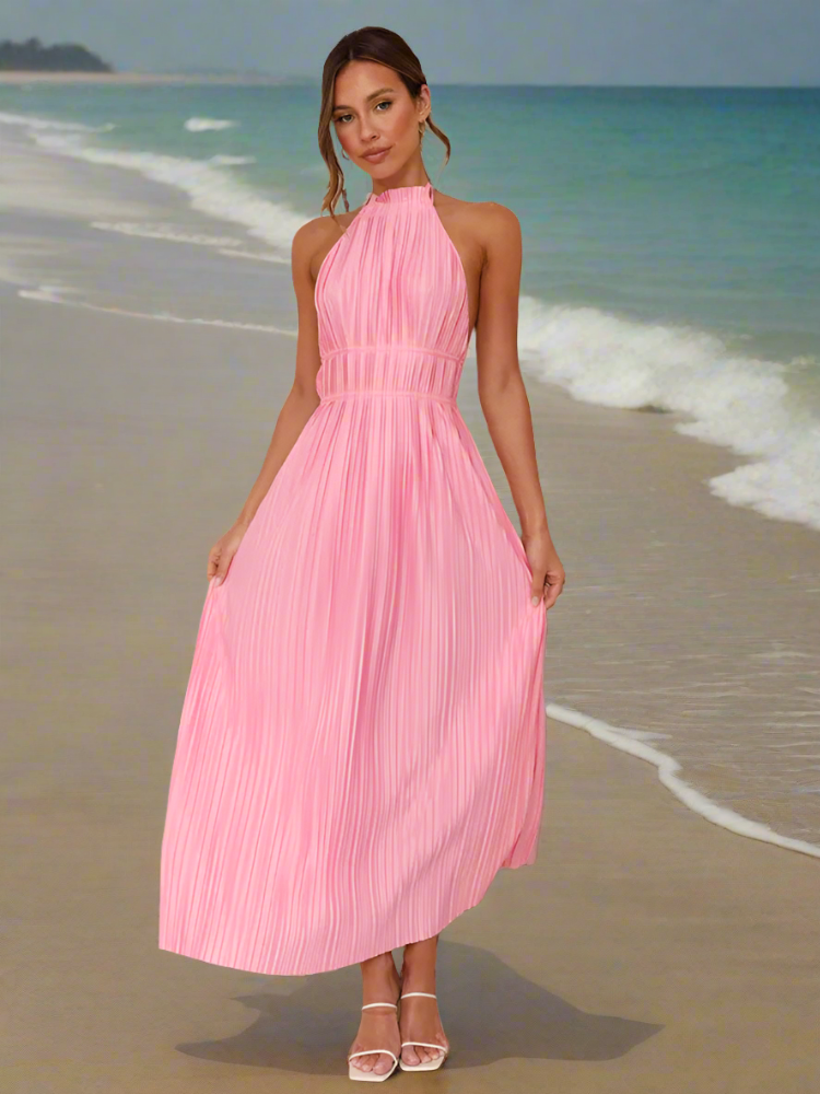 Folds Halter Solid Pink Off Shoulder Maxi Dress